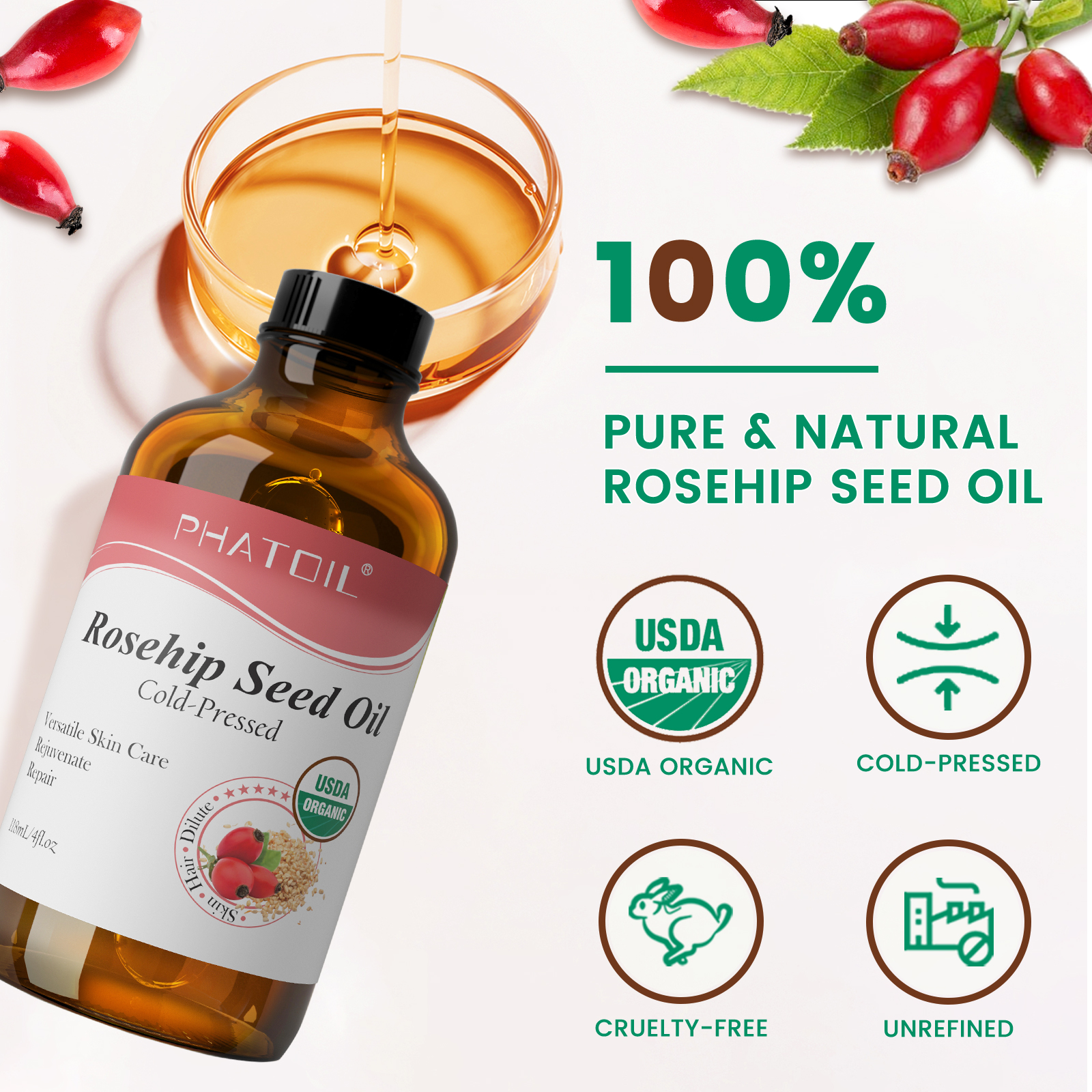 PHATOIL 118ml Organic Face Oil - Cold Pressed Rose Hip ulasan dan harga